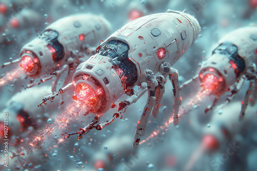 A group of futuristic nanorobots repairing damaged tissue at a microscopic level, surrounded by organic cells, photo