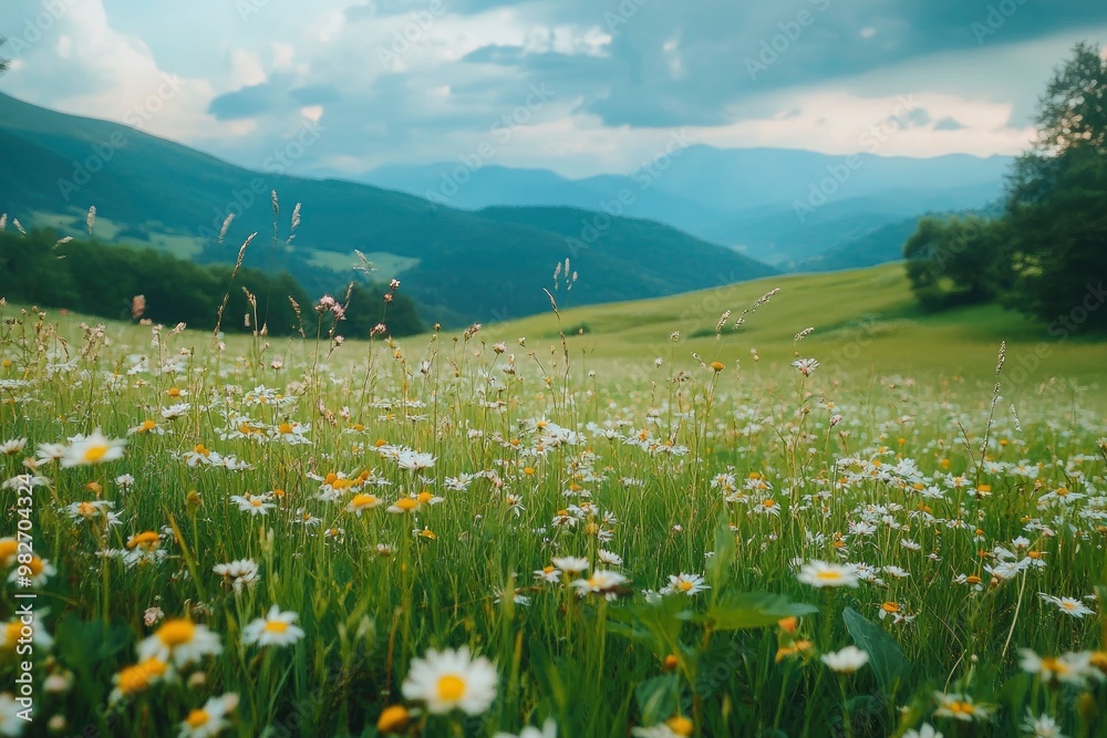 Green meadow with field flowers. Nature landscape with high attitude grass. Beautiful scenery in the Carpathian Mountains , ai Green meadow with field flowers. Nature landscape with high attitude grass. Beautiful scenery in the Carpathian Mountains , ai
