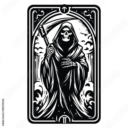 grim reaper with tarot card in black and white illustrations, cutout graphic