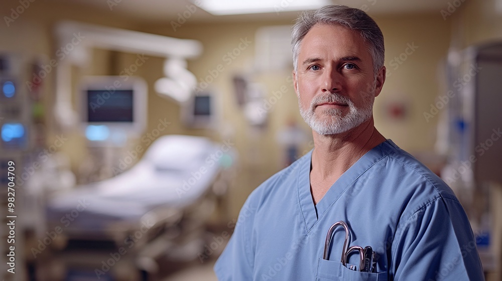 medical professional in scrubs standing in a hospital room ready for patient care and treatment in a clinical healthcare facility medical professional in scrubs standing in a hospital room ready for patient care and treatment in a clinical healthcare facility