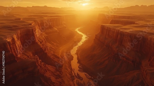 Aerial view of the Grand Canyon, showcasing deep orange and red cliffs, with the Colorado River winding below, illuminated by soft sunrise light, Realistic, Landscape, Warm tones