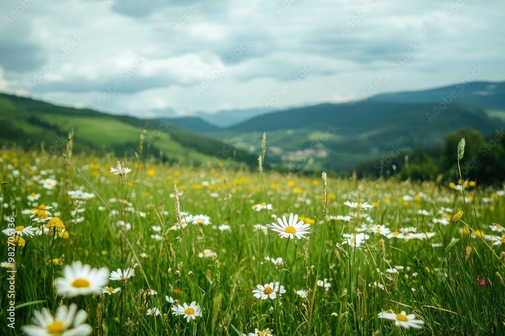 Green meadow with field flowers. Nature landscape with high attitude grass. Beautiful scenery in the Carpathian Mountains , ai Green meadow with field flowers. Nature landscape with high attitude grass. Beautiful scenery in the Carpathian Mountains , ai