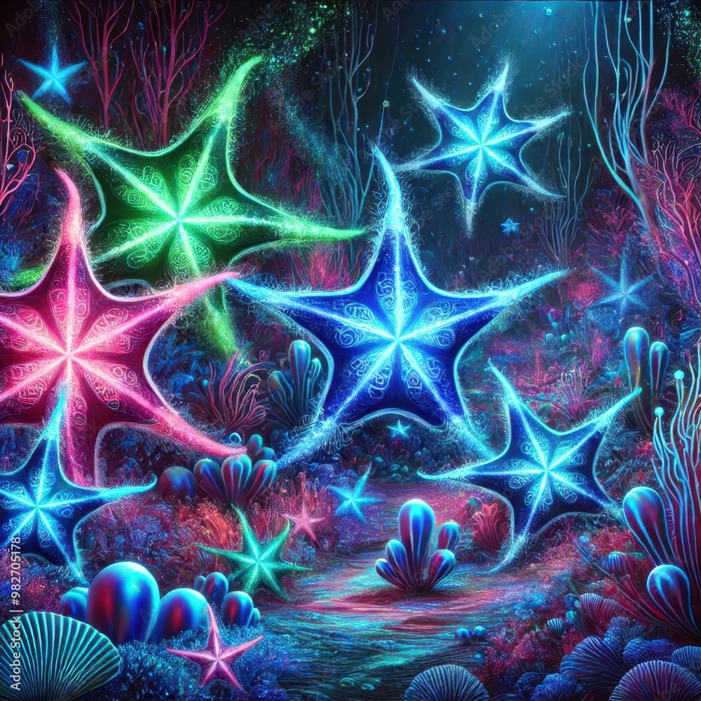 Vibrant glowing starfish in a neon underwater scene, surrounded by colorful coral and marine life, creating a magical aquatic ambiance. Vibrant glowing starfish in a neon underwater scene, surrounded by colorful coral and marine life, creating a magical aquatic ambiance.