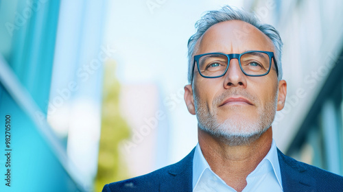 Confident businessman looking up with a thoughtful expression.