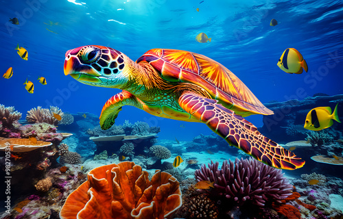 Fototapeta Naklejka Na Ścianę i Meble -  underwater coral reef landscape in the deep blue ocean with colorful fish and marine life background wallpaper