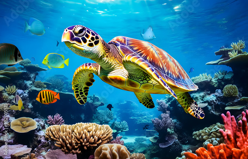 Fototapeta Naklejka Na Ścianę i Meble -  underwater coral reef landscape in the deep blue ocean with colorful fish and marine life background wallpaper