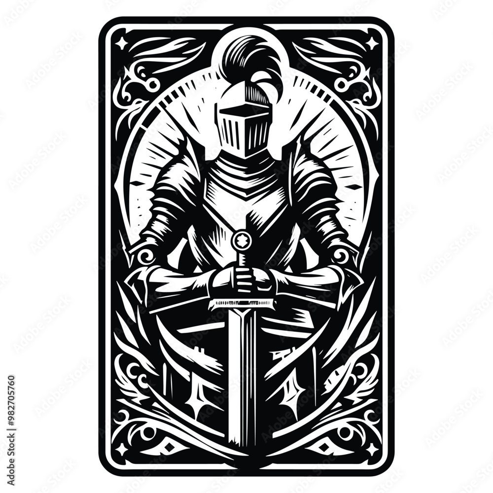 knight male with tarot card in black and white illustrations, cutout graphic knight male with tarot card in black and white illustrations, cutout graphic