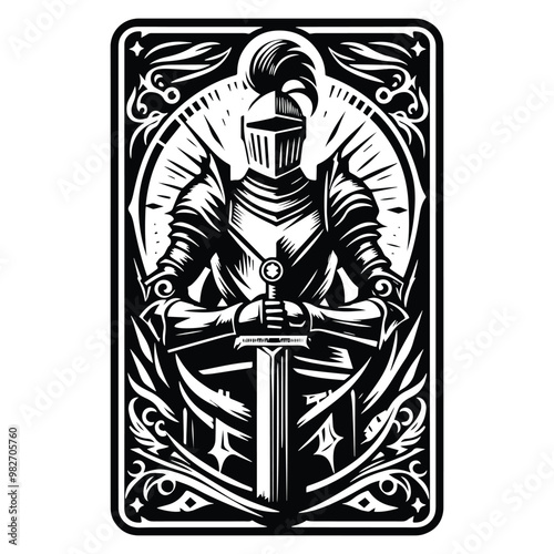 knight male with tarot card in black and white illustrations, cutout graphic