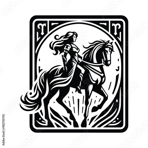 Wallpaper Mural knight riding horse female inside tarot card in black and white illustrations, cutout graphic Torontodigital.ca