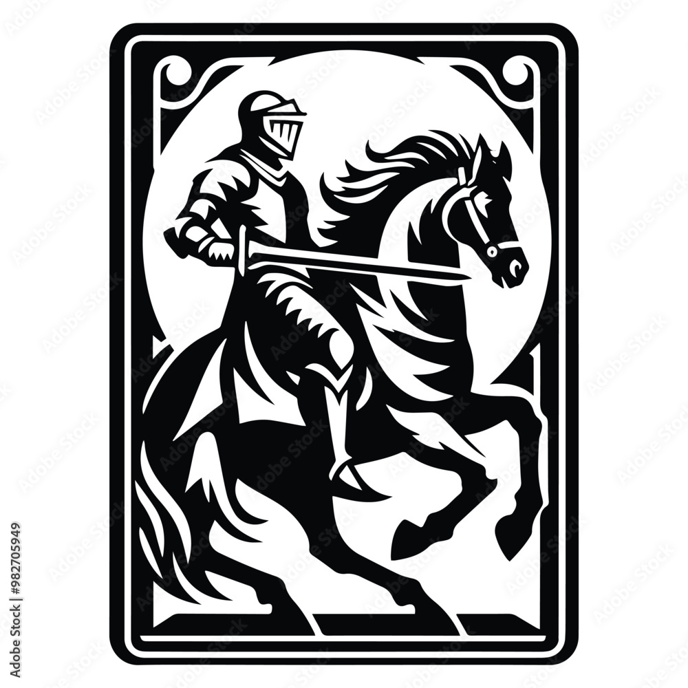 Fototapeta premium knight riding horse male with tarot card in black and white illustrations, cutout graphic