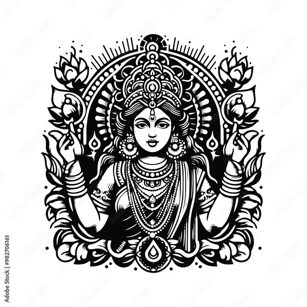 Lakshmi hindu goddess with tarot card in black and white illustrations, cutout graphic black and white illustration Lakshmi hindu goddess with tarot card in black and white illustrations, cutout graphic black and white illustration