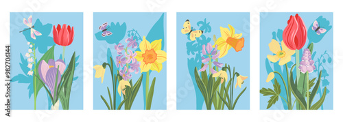 spring cards with flowers, yellow narcissus, red tulips, hyacinths and crocuses at blue sky background, set of floral compositions, hand drawn botanical illustration