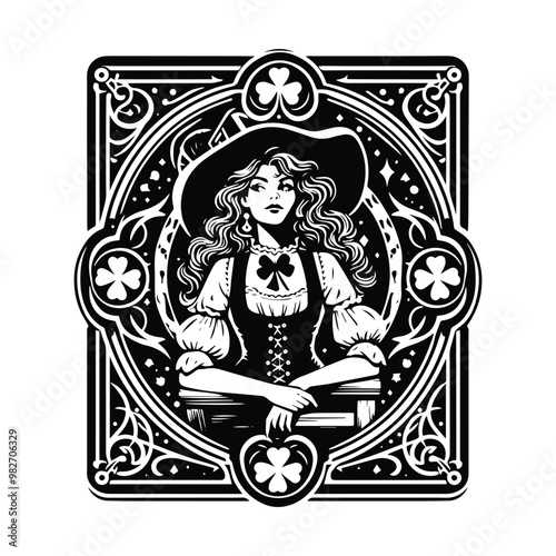 Leprechaun female with tarot card in black and white illustrations, cutout graphic black and white illustration