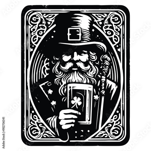 Leprechaun with tarot card in black and white illustrations, cutout graphic