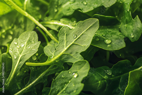 close up of arugula with water droplet
