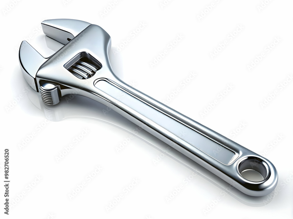 A shiny silver wrench, centered on a pure white background A shiny silver wrench, centered on a pure white background