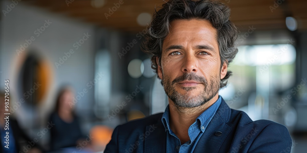A middle-aged man in a blue suit confidently poses indoors against a blurred background with soft natural light, exuding a calm and professional demeanor A middle-aged man in a blue suit confidently poses indoors against a blurred background with soft natural light, exuding a calm and professional demeanor