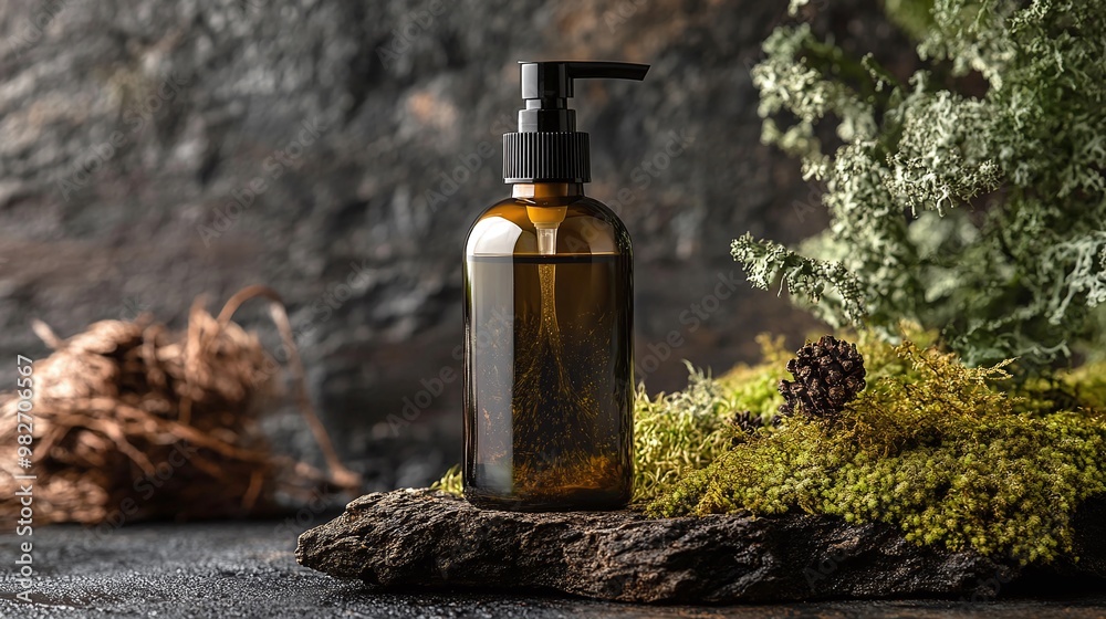 organic natural shampoo in a dark pump bottle with a backdrop of moss and tree branches highlighting sustainable and clean beauty care organic natural shampoo in a dark pump bottle with a backdrop of moss and tree branches highlighting sustainable and clean beauty care