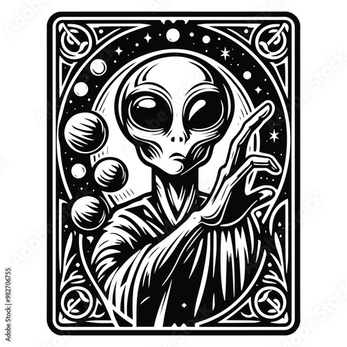 martian alien with tarot card in black and white illustrations, cutout graphic