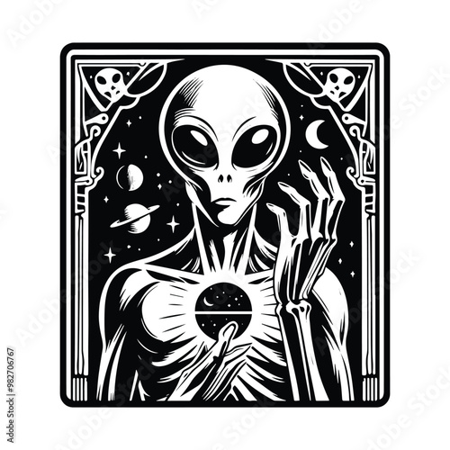 martian alien with tarot card in black and white illustrations, cutout graphic