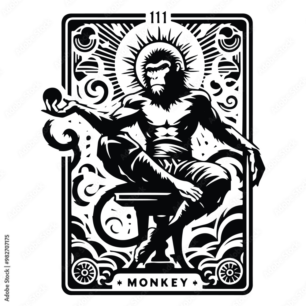 monkeyking Sun Wukong with tarot card decoration in black and white illustrations, cutout graphic monkeyking Sun Wukong with tarot card decoration in black and white illustrations, cutout graphic