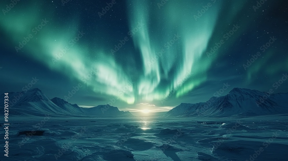 Naklejka premium Aerial view of the Northern Lights illuminating a snow-covered Arctic tundra, swirling green and purple lights reflected on the frozen surface, in hyper-realistic 3D, cold tones