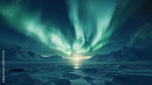 Aerial view of the Northern Lights illuminating a snow-covered Arctic tundra, swirling green and purple lights reflected on the frozen surface, in hyper-realistic 3D, cold tones