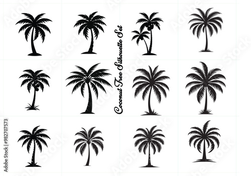 Wallpaper Mural A minimalist black coconut tree silhouette, featuring detailed palm leaves on a solid white background Torontodigital.ca