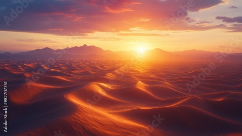 Sunlit desert landscape with rolling dunes, captured from above, dramatic sunset casting shadows, cinematic, cool tones, crisp detail, high contrast