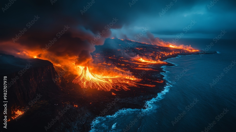 View from above a volcanic island at night, lava illuminating the landscape, pouring into the ocean, creating an eerie glow in the surrounding waters View from above a volcanic island at night, lava illuminating the landscape, pouring into the ocean, creating an eerie glow in the surrounding waters