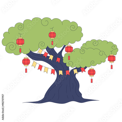 tree decorated with paper lanterns and prayer flags in honor of Buddha's birthday, Visakha. The concept is unity, joy, hope and the pursuit of spiritual enlightenment.