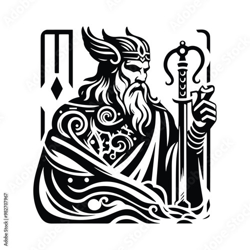 odin nordic god with tarot card decoration in black and white illustrations, cutout graphic