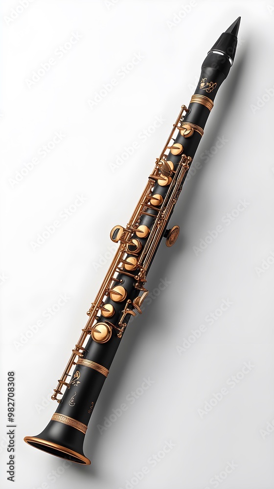 Naklejka premium Detailed close-up image of a clarinet, showcasing its silver-plated keys and elegant wood body