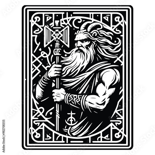 odin nordic god with tarot card in black and white illustrations, cutout graphic