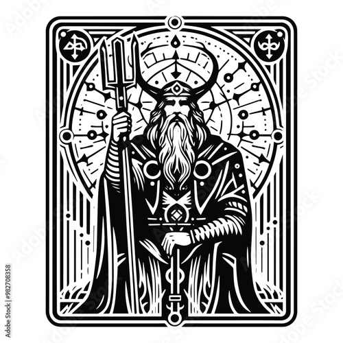 odin nordic god with tarot card in black and white illustrations, cutout graphic