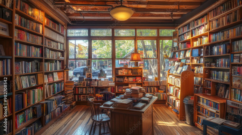 Local bookstore with wooden bookshelves filled with bestsellers and rare finds, a cozy reading nook by the window, and a welcoming atmosphere Local bookstore with wooden bookshelves filled with bestsellers and rare finds, a cozy reading nook by the window, and a welcoming atmosphere