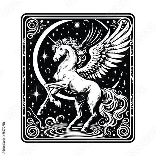 pegasus with tarot card in black and white illustrations, cutout graphic