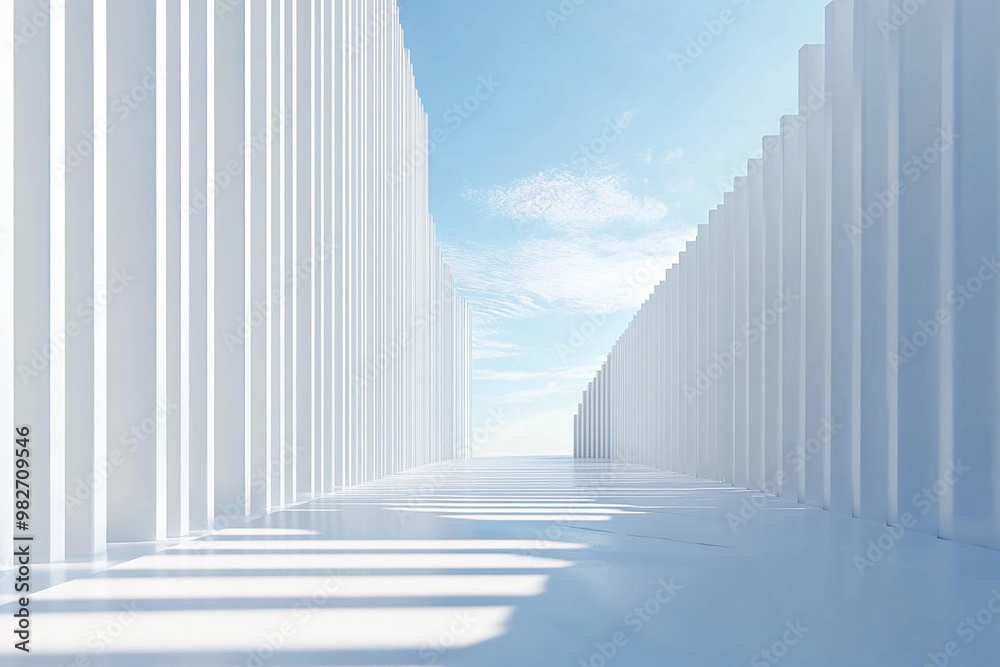 Fototapeta premium white background, blue, 3d background, architecture background, 3d building, creative, three-dimensional, corridor, outdoor, sunlight, clean, construction, backdrop, minimalist, 3d rendering, structur