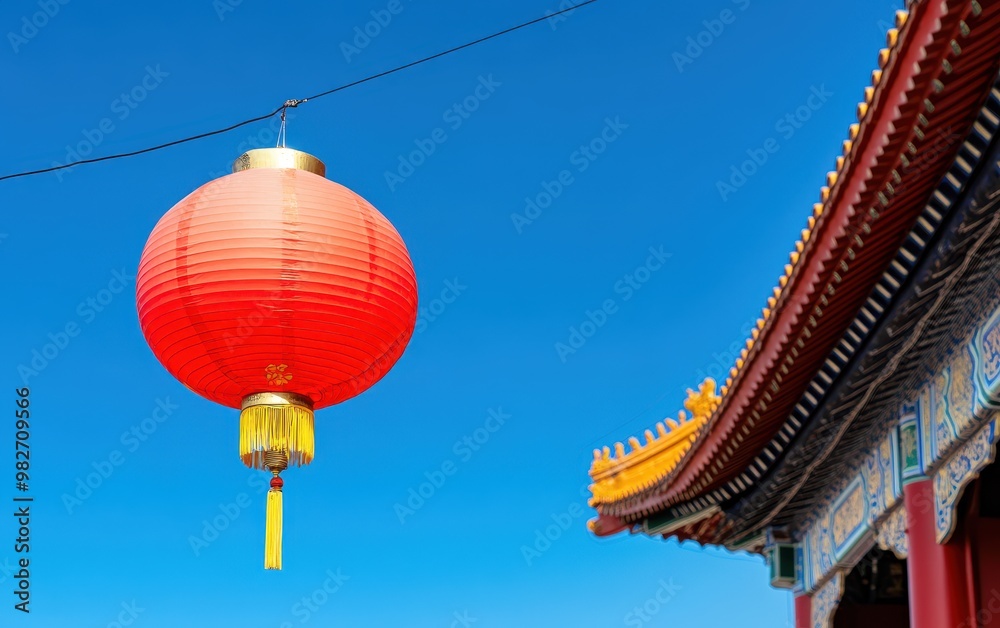 A vibrant red lantern hangs against a clear blue sky, adding cultural charm to the traditional architecture of an Asian temple. A vibrant red lantern hangs against a clear blue sky, adding cultural charm to the traditional architecture of an Asian temple.