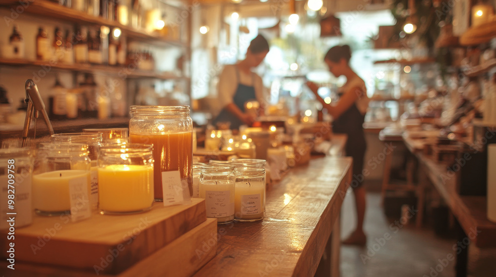 Artisan candle-making shop with fragrant candles displayed in glass jars, wooden workbench, and a small team pouring wax into molds Artisan candle-making shop with fragrant candles displayed in glass jars, wooden workbench, and a small team pouring wax into molds