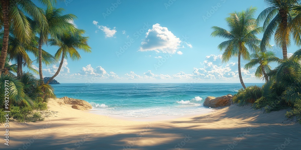 Obraz premium A breathtaking tropical beachscape with clear blue waters, white sandy shores, and lush palm trees under a vibrant sky with scattered clouds