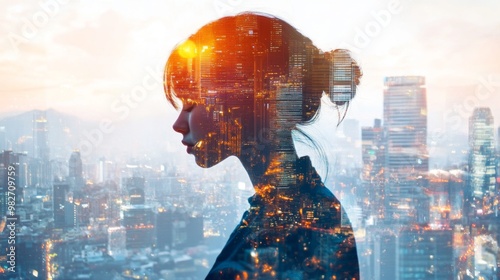 Businesswoman and cityscape blend in captivating double exposure photography