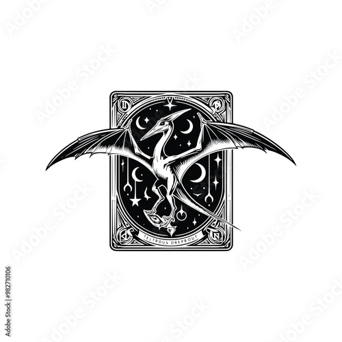 Pteranodon with tarot card decoration in black and white illustrations, cutout graphic