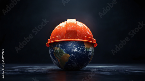 Fototapeta Naklejka Na Ścianę i Meble -  Symbol of safety and health at work: the planet Earth and the helmet. A safety and health concept for the World Day of Safety and Health at Work.