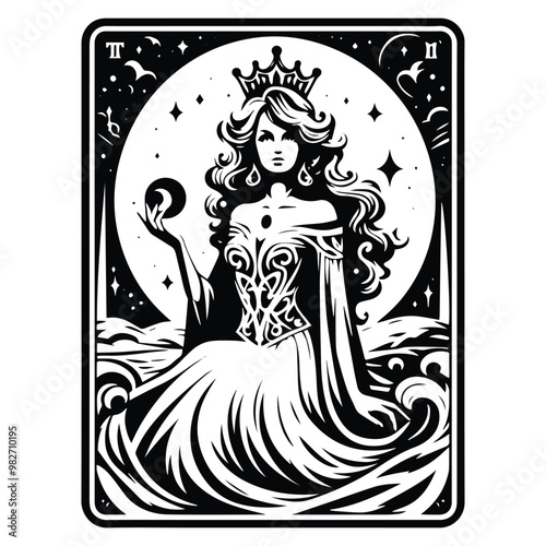 princess inside tarot card in black and white illustrations, cutout graphic