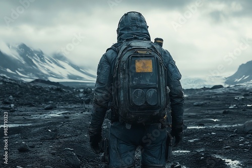 A lone survivor in a barren wasteland, carrying a backpack, surrounded by remnants of civilization. Generative AI