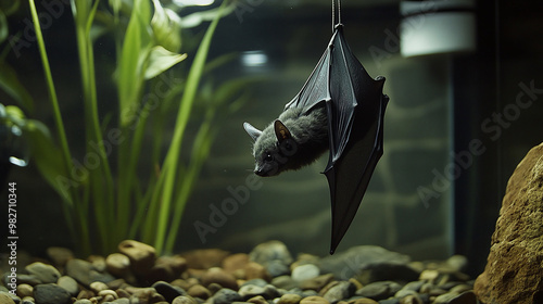 The bat is captive and is hanging from the brench in a terrarium photo