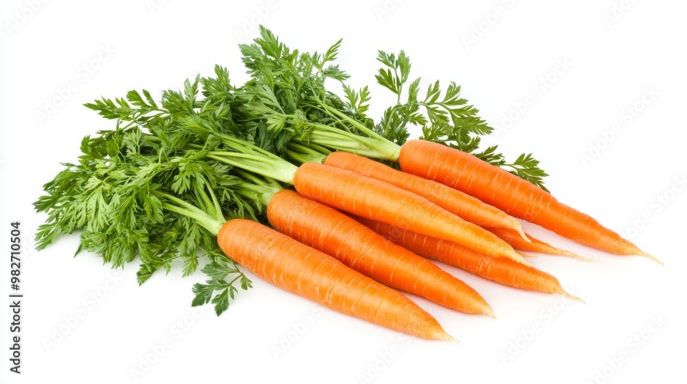 A bunch of fresh carrots with their green tops still attached, neatly arranged on a white background, highlighting their vibrant orange color. A bunch of fresh carrots with their green tops still attached, neatly arranged on a white background, highlighting their vibrant orange color.