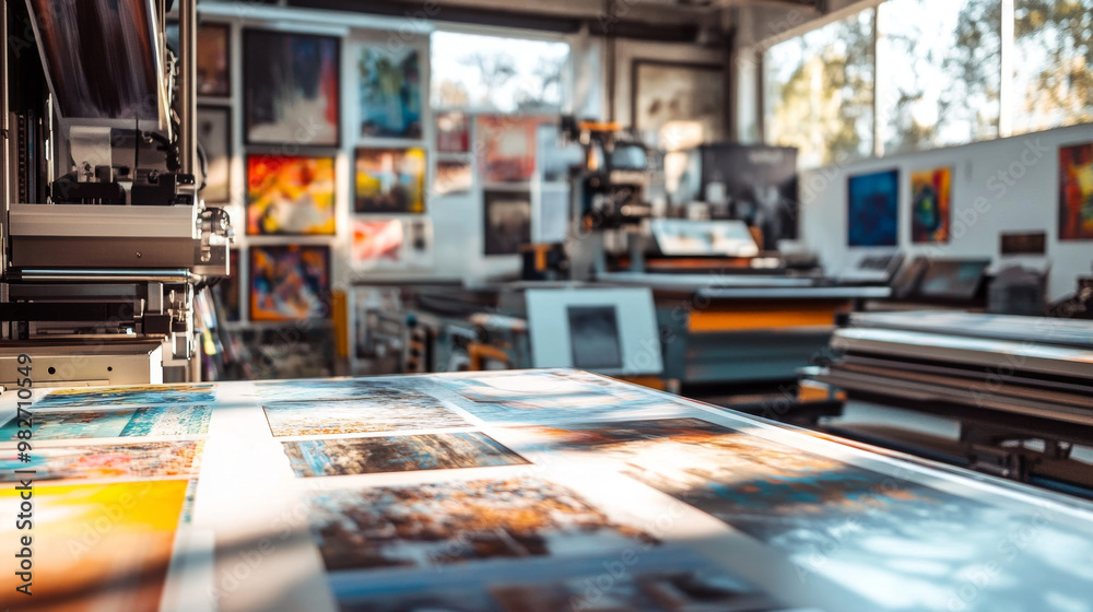 Independent printing business with a printing machine running in the background, bright space with posters and custom prints on display Independent printing business with a printing machine running in the background, bright space with posters and custom prints on display