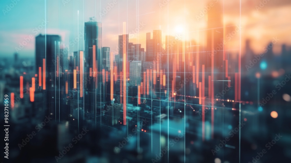 candlestick chart on blurry city backdrop. Trade, technology, investment and analysis concept. Double exposure candlestick chart on blurry city backdrop. Trade, technology, investment and analysis concept. Double exposure